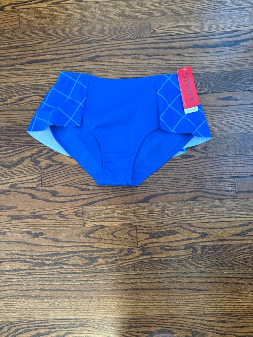 SPANX Cobalt Blue High-Rise Swim Briefs with Patterned Side Panels
